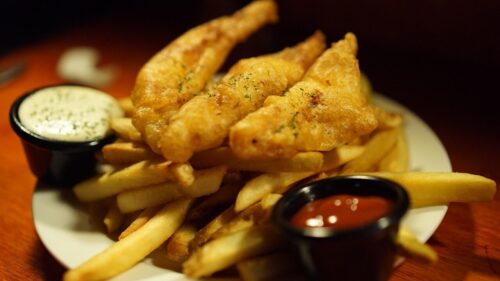 fish and chips, french fries, tartar, ketchup, snack, pub, small beer, french fries, french fries, french fries, french fries, french fries, pub