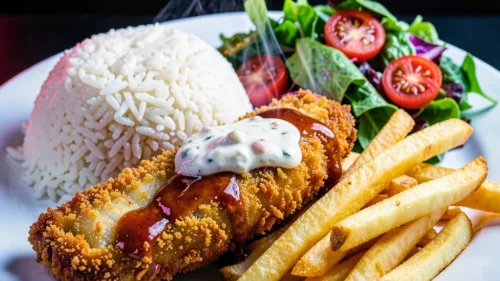Fish & Chips with Rice, Salad & Fries