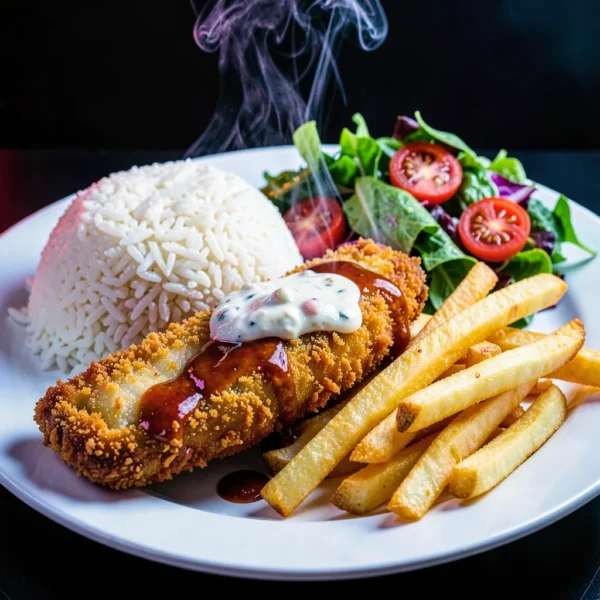 Fish & Chips with Rice, Salad & Fries