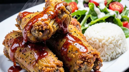 Spicy House Chicken Wings with Rice & Salad